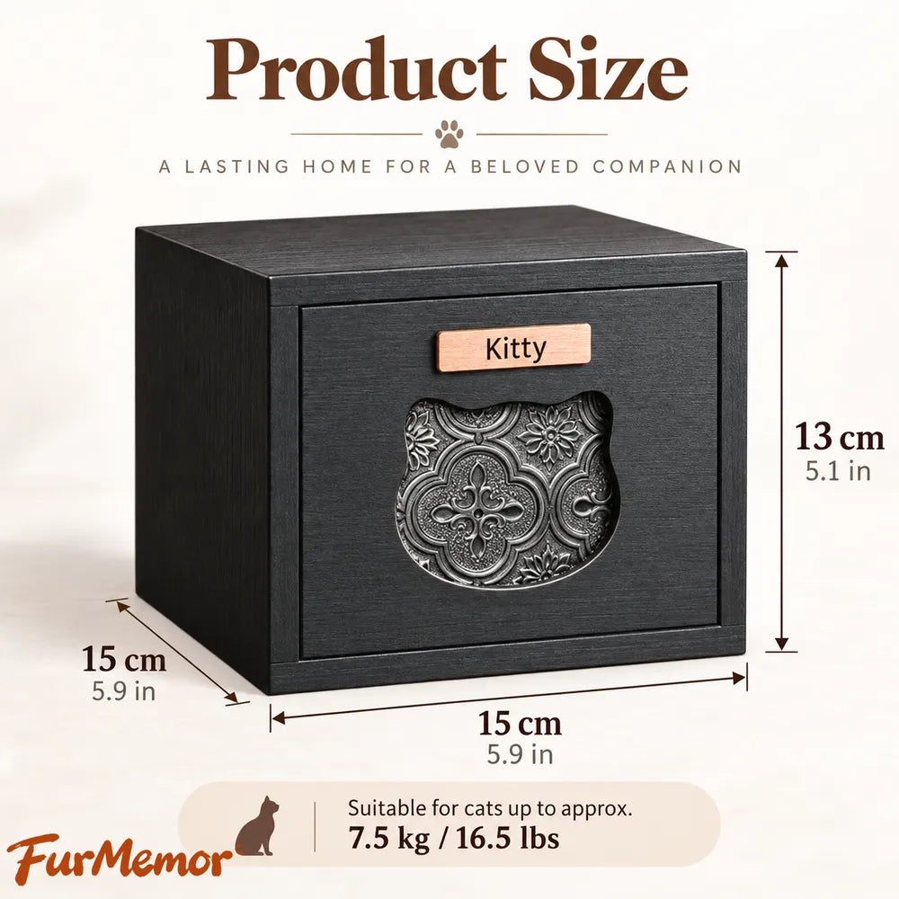 Wooden cat urn size guide measuring approximately 15 x 15 x 13 cm