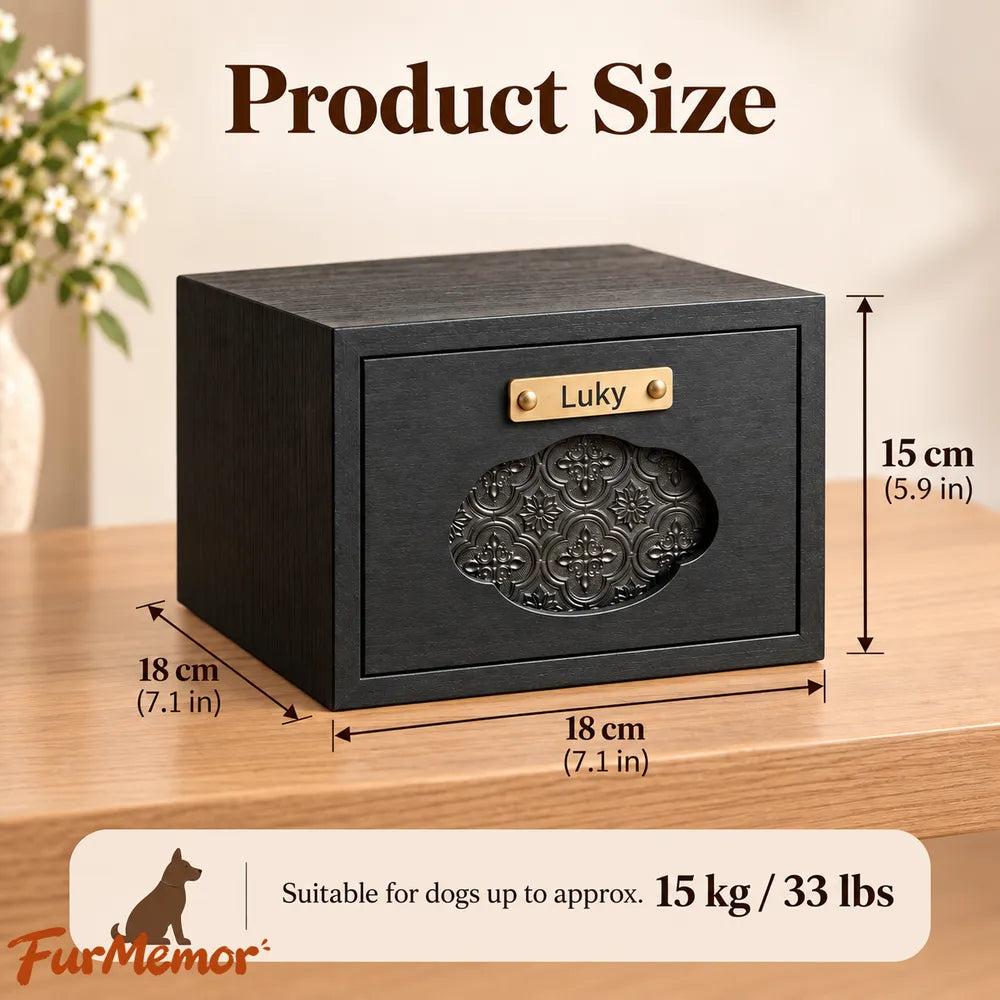 Wooden dog urn size guide measuring approximately 18 x 18 x 15 cm for dogs up to 33 lbs