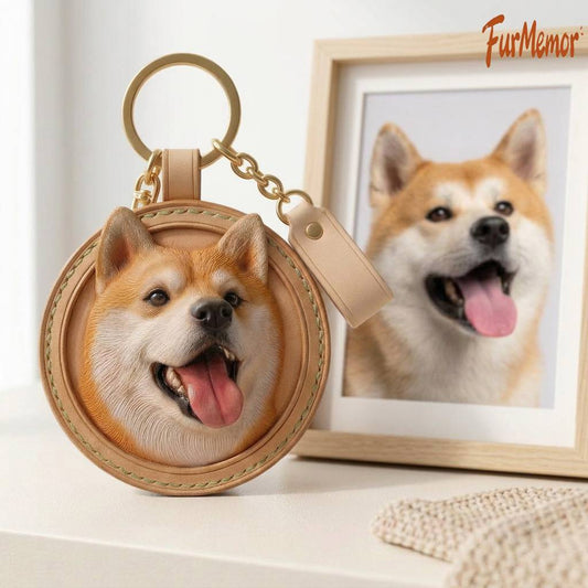 Custom 3D Vegetable-Tanned Leather Pet Portrait Round Keychain, Handmade Personalized Engraved Keyring for Pets