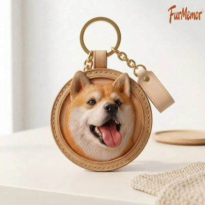 Custom 3D Vegetable-Tanned Leather Pet Portrait Round Keychain, Handmade Personalized Engraved Keyring for Pets
