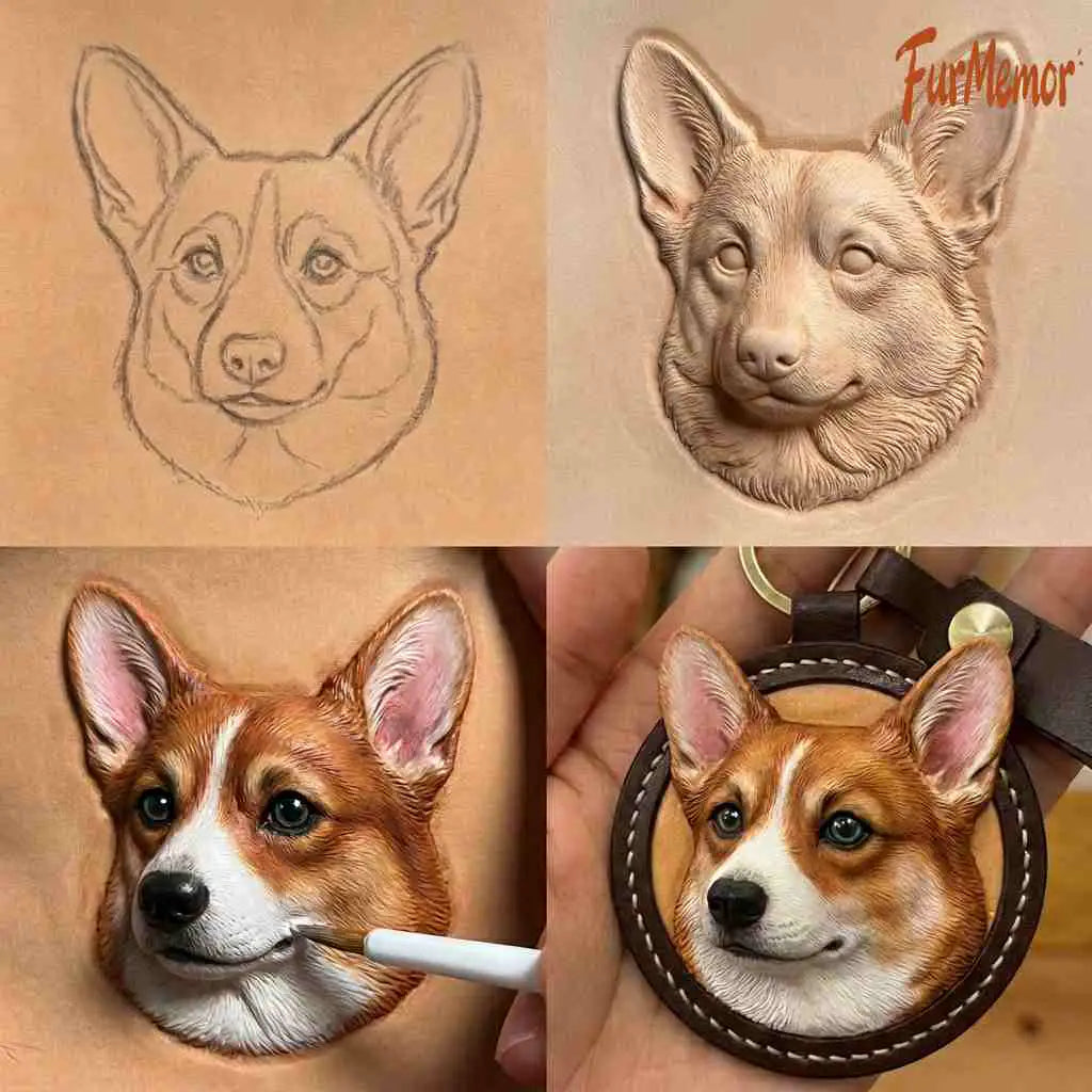 Custom 3D Vegetable-Tanned Leather Pet Portrait Round Keychain, Handmade Personalized Engraved Keyring for Pets