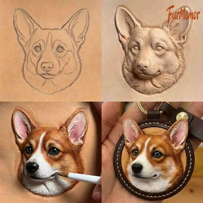 Custom 3D Vegetable-Tanned Leather Pet Portrait Round Keychain, Handmade Personalized Engraved Keyring for Pets