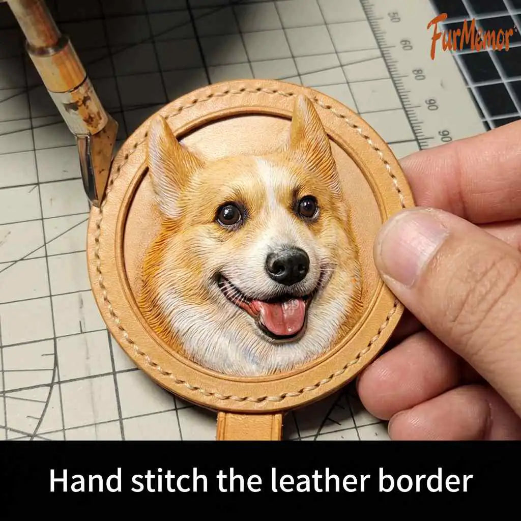 Custom 3D Vegetable-Tanned Leather Pet Portrait Round Keychain, Handmade Personalized Engraved Keyring for Pets
