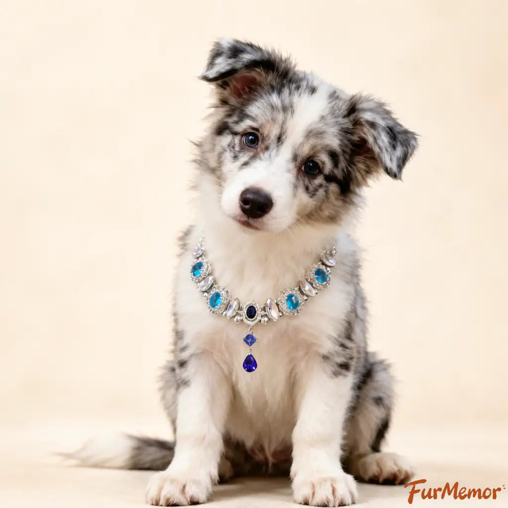 Blue zircon pet collar worn by a dog