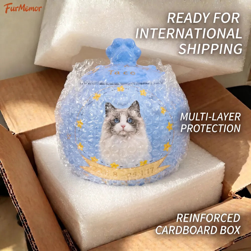 Personalized cat urn securely packed for protective shipping and delivery