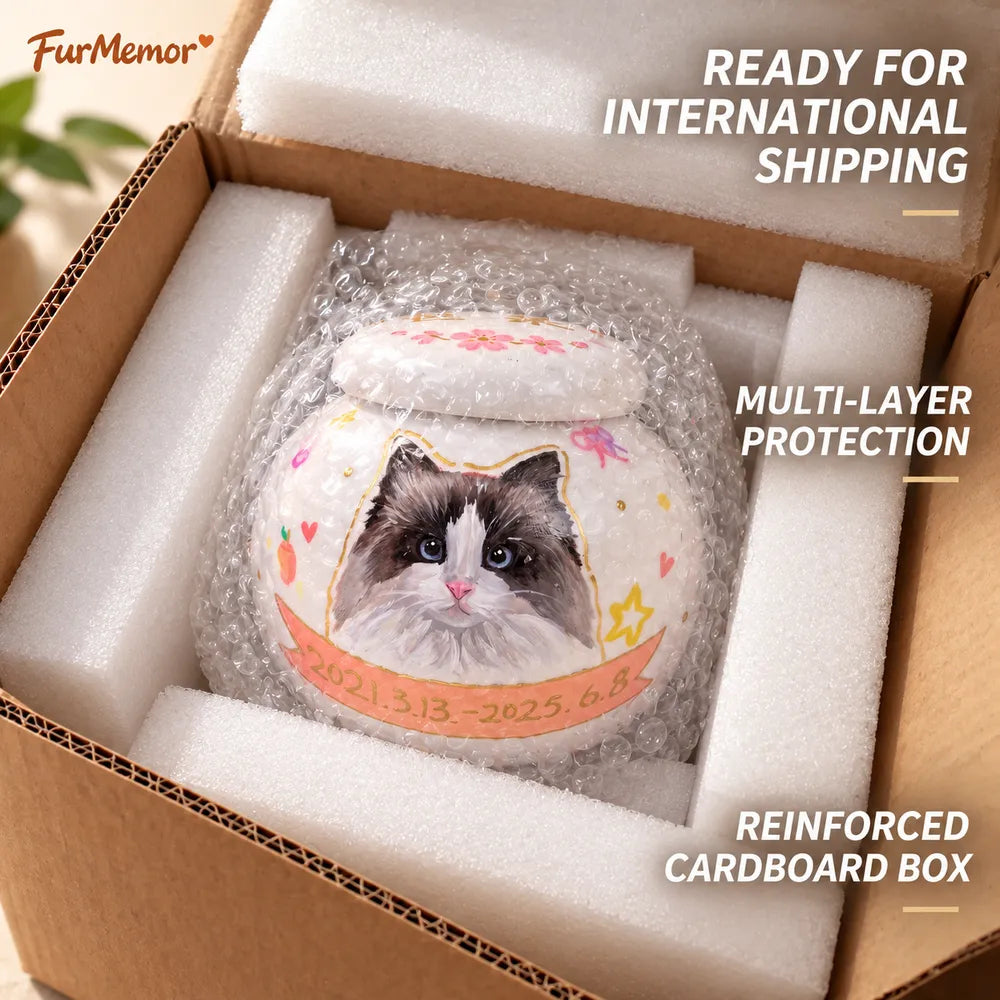 Personalized cat urn with protective packaging for safe international shipping
