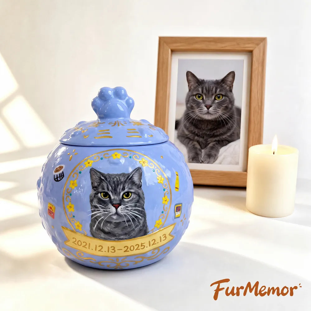 Custom cat cremation urn with hand-painted portrait and personalized memorial design