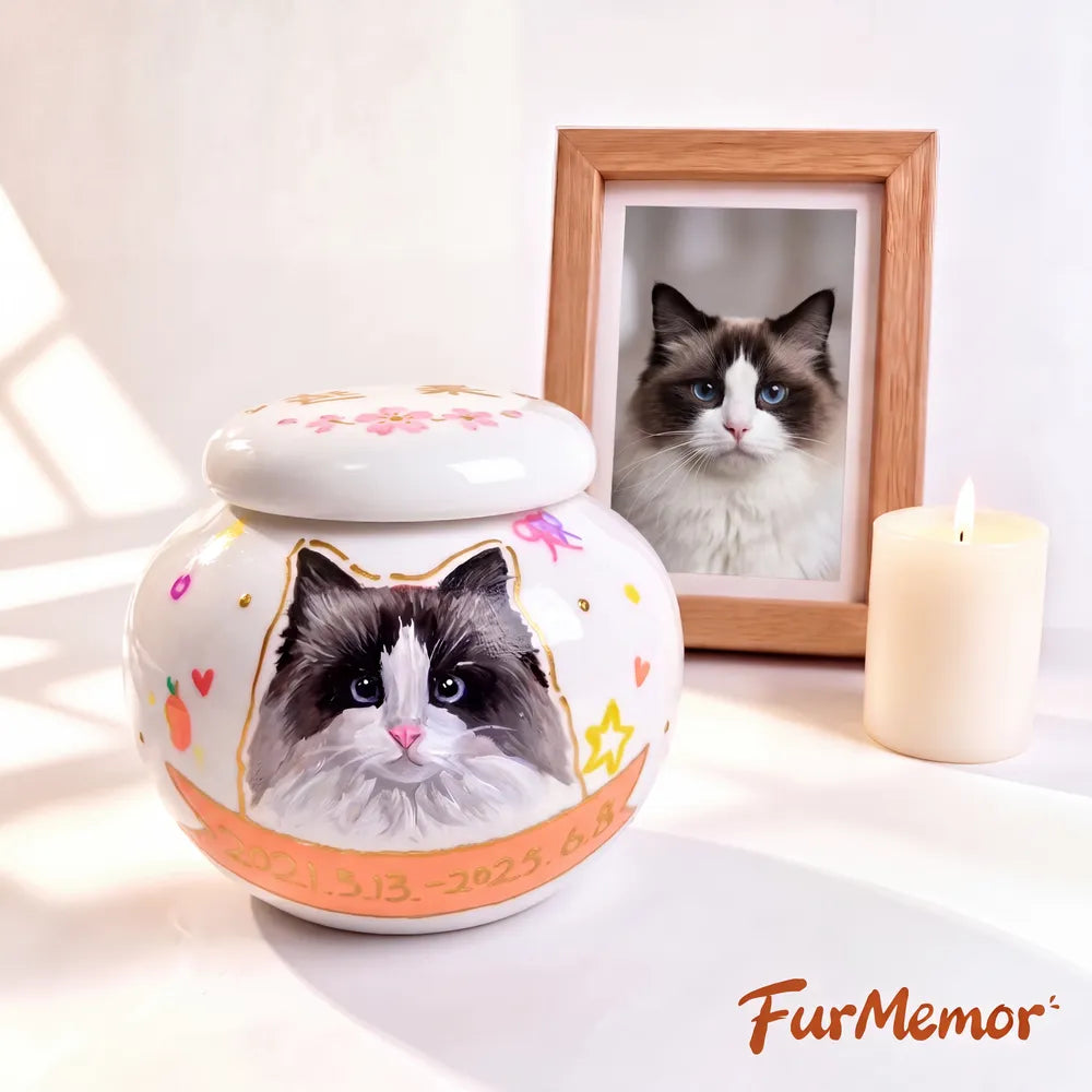 Custom white cat cremation urn with hand-painted portrait and personalized memorial design