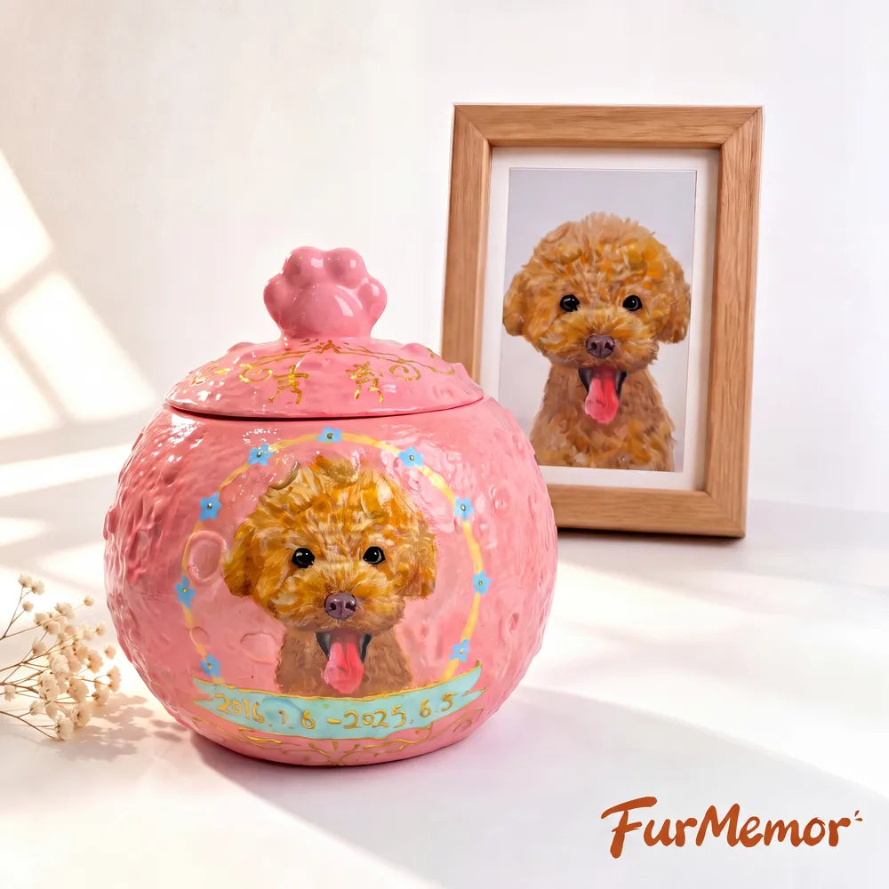 Custom dog cremation urn with hand-painted portrait and personalized memorial details