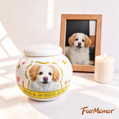 Custom white dog cremation urn with hand-painted portrait and personalized memorial design