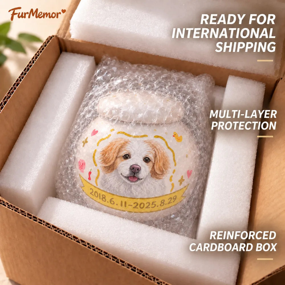 Personalized dog urn with protective packaging for safe international shipping