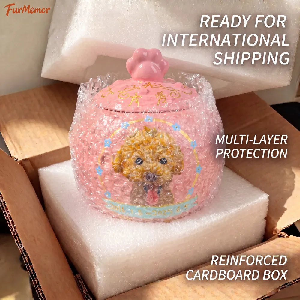 Personalized dog urn securely packed for protective shipping and delivery