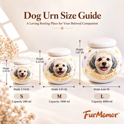Dog urn size and capacity guide for S M and L with pet weight recommendations