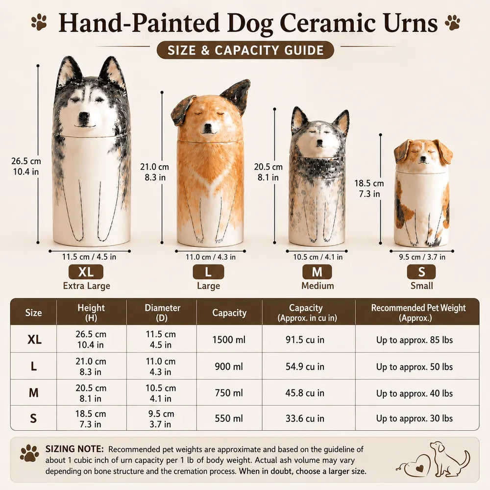 hand-painted dog urns sizes