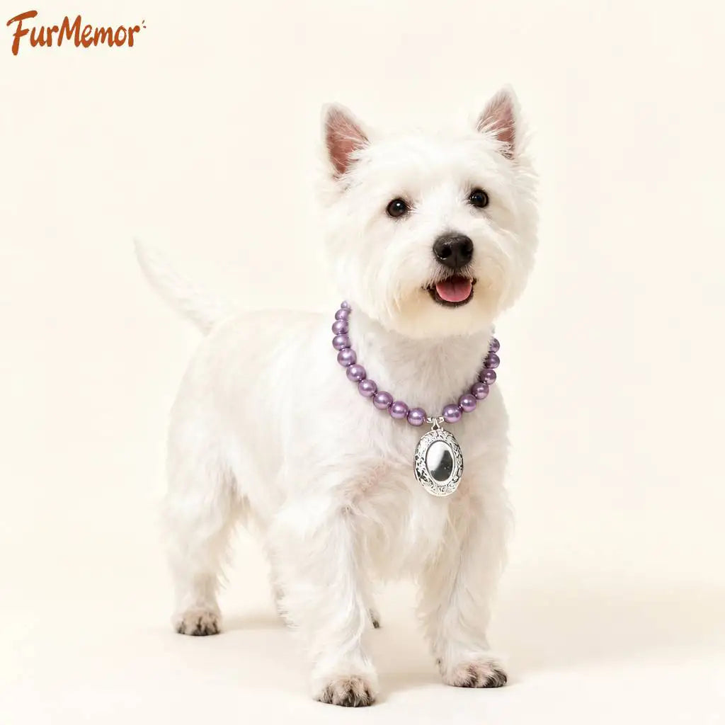 Hand-painted pet portrait on a light pink pearl necklace
