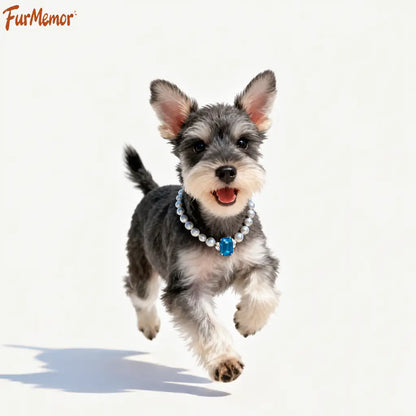 Handcrafted pet jewelry featuring pearls and decorative charms
