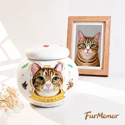 Handmade cat memorial urn with custom pet portrait and personalized details