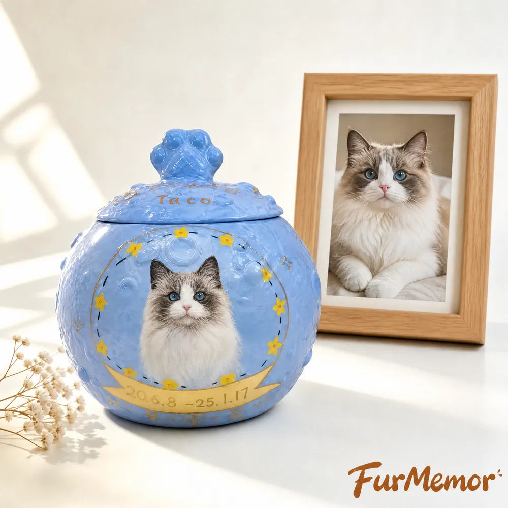 Handmade cat memorial urn with custom hand-painted portrait and detailed craftsmanship