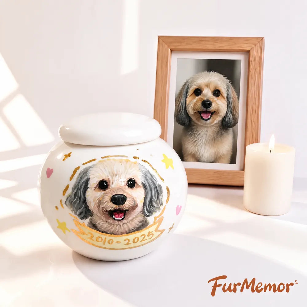 Handmade dog memorial urn with custom pet portrait and personalized details