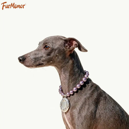 Light pink pearl pet memorial necklace with custom pet portrait
