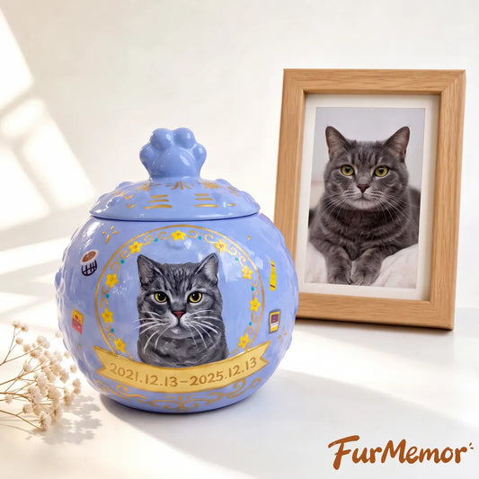 Personalized handmade cat urn with hand-painted pet portrait displayed as a memorial keepsake