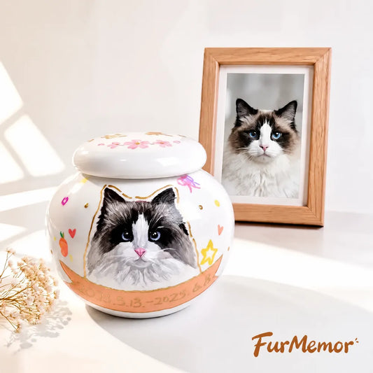 Personalized handmade cat urn with hand-painted pet portrait for ashes