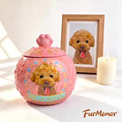Personalized handmade dog urn with hand-painted pet portrait for ashes