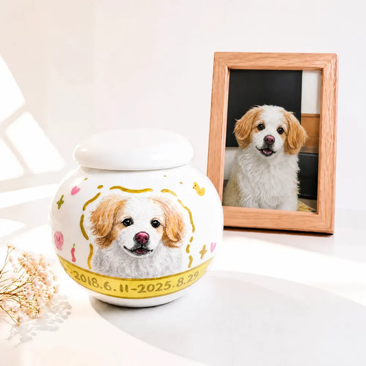 Personalized handmade dog urn with hand-painted pet portrait for ashes