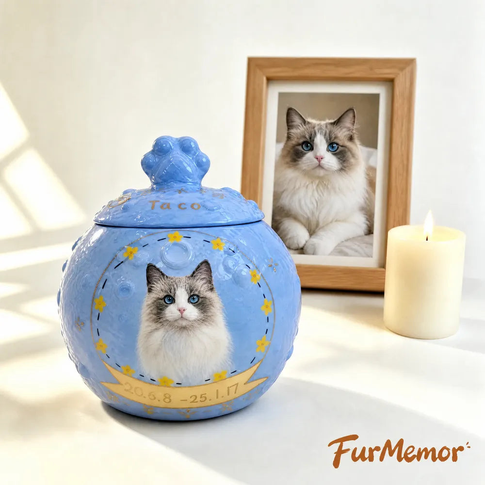 Personalized pet urn for cat ashes with hand-painted portrait and memorial details
