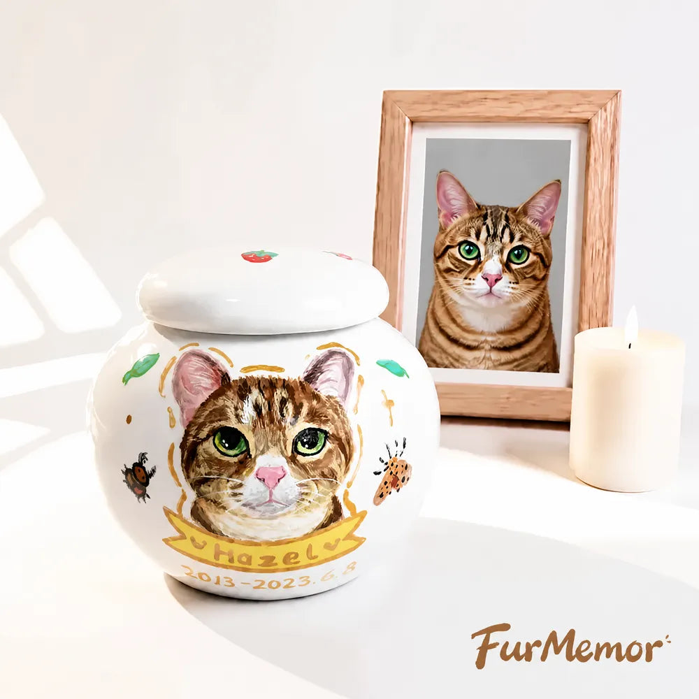 Personalized pet urn for cat ashes with hand-painted portrait and memorial artwork