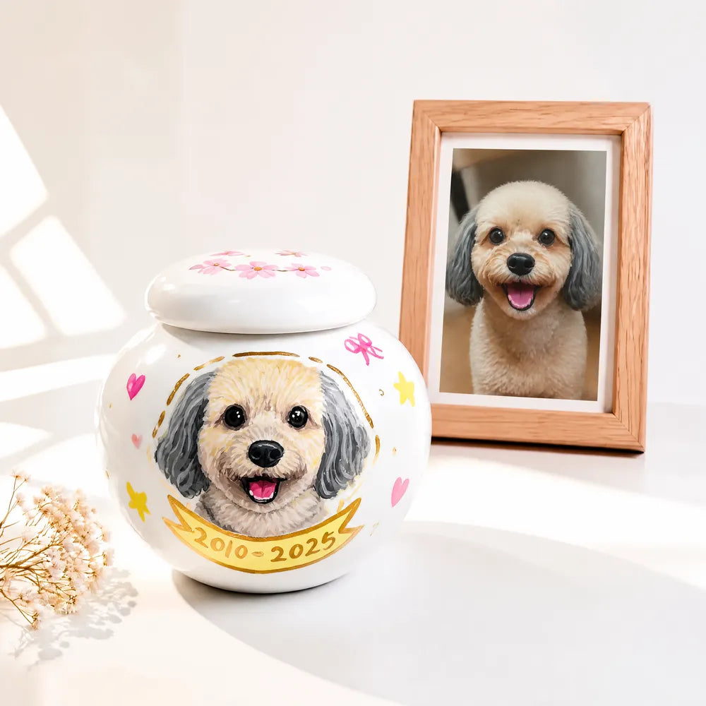 Personalized pet urn for dog ashes with hand-painted portrait and memorial artwork