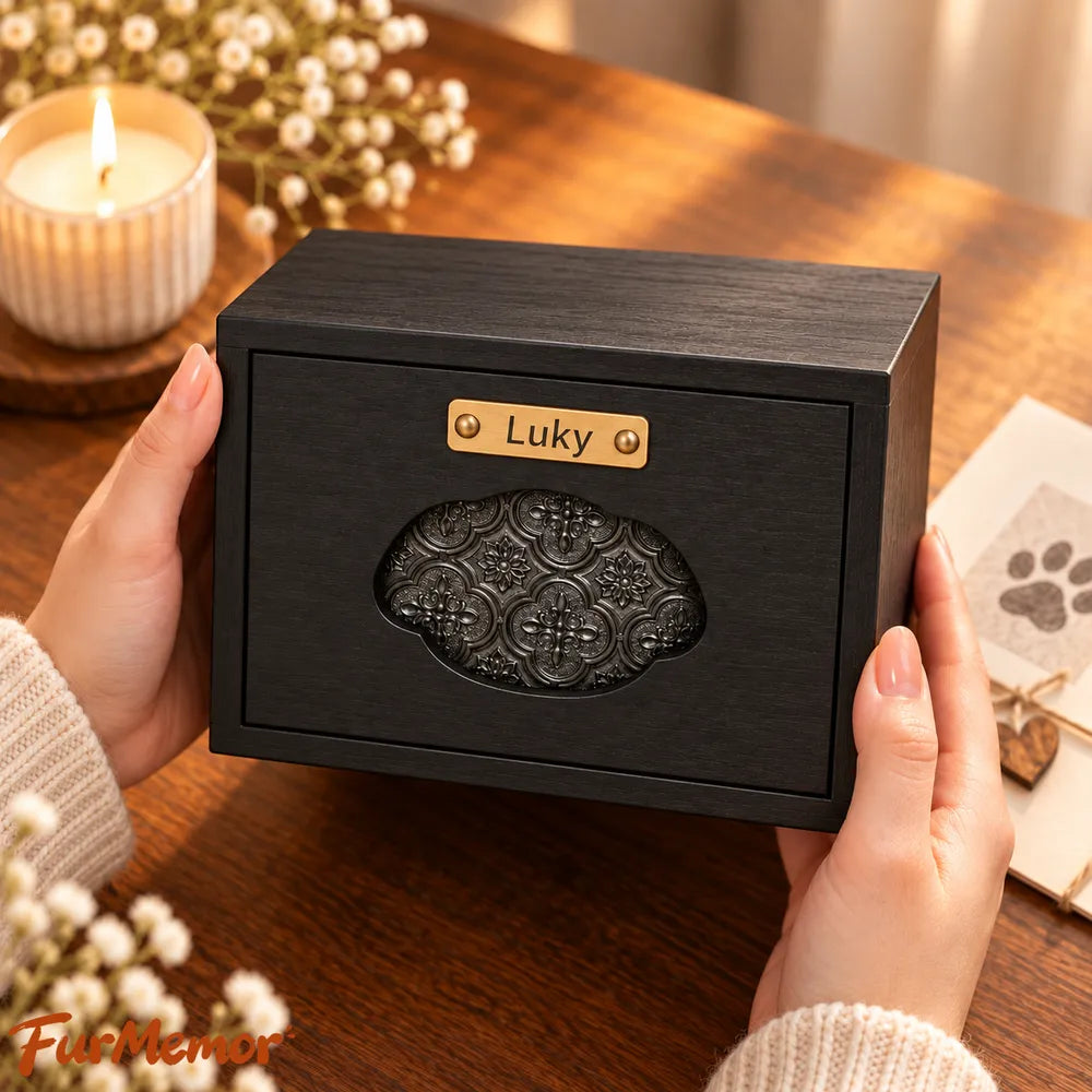 Personalized wooden dog urn with custom name held in hands