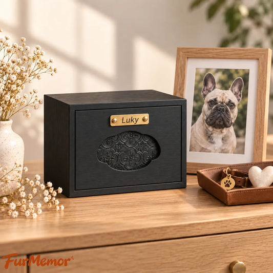 Personalized wooden pet urn for dogs with custom name displayed beside a memorial photo