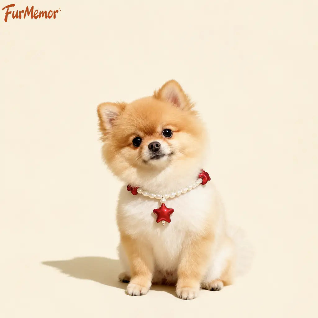 Close-up of wine red pet necklace with star charm