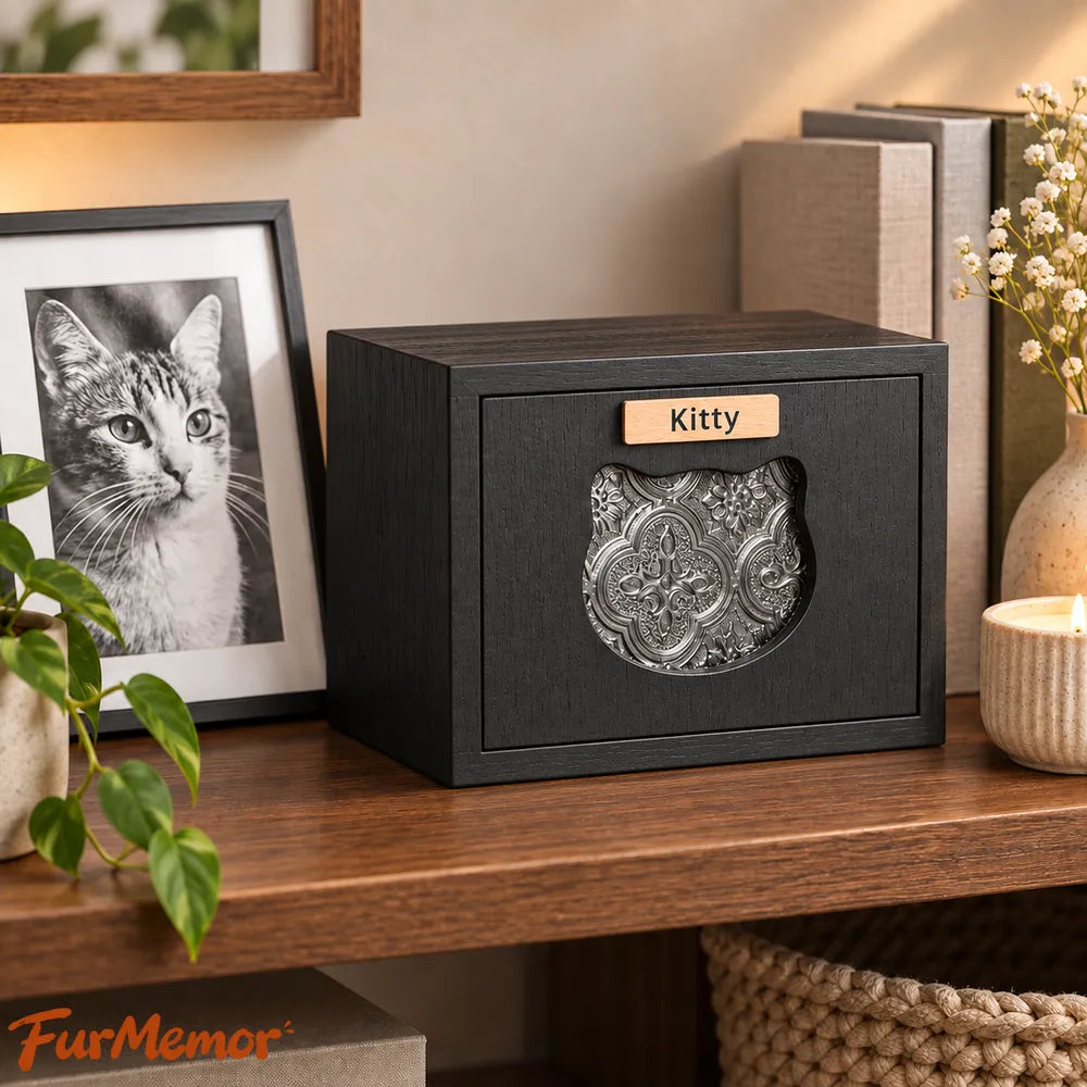 Wooden cat urn for ashes with custom name displayed in a warm home memorial setting