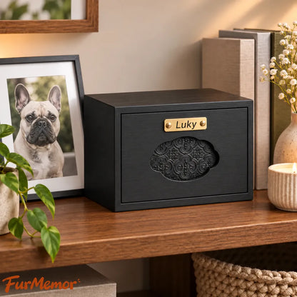 Wooden dog urn for ashes with custom name displayed in a warm home memorial setting
