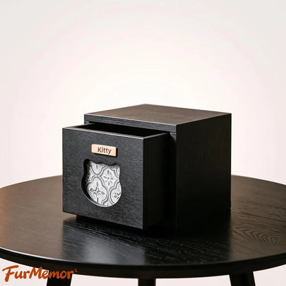 Wooden pet urn with open storage compartment for cat ashes