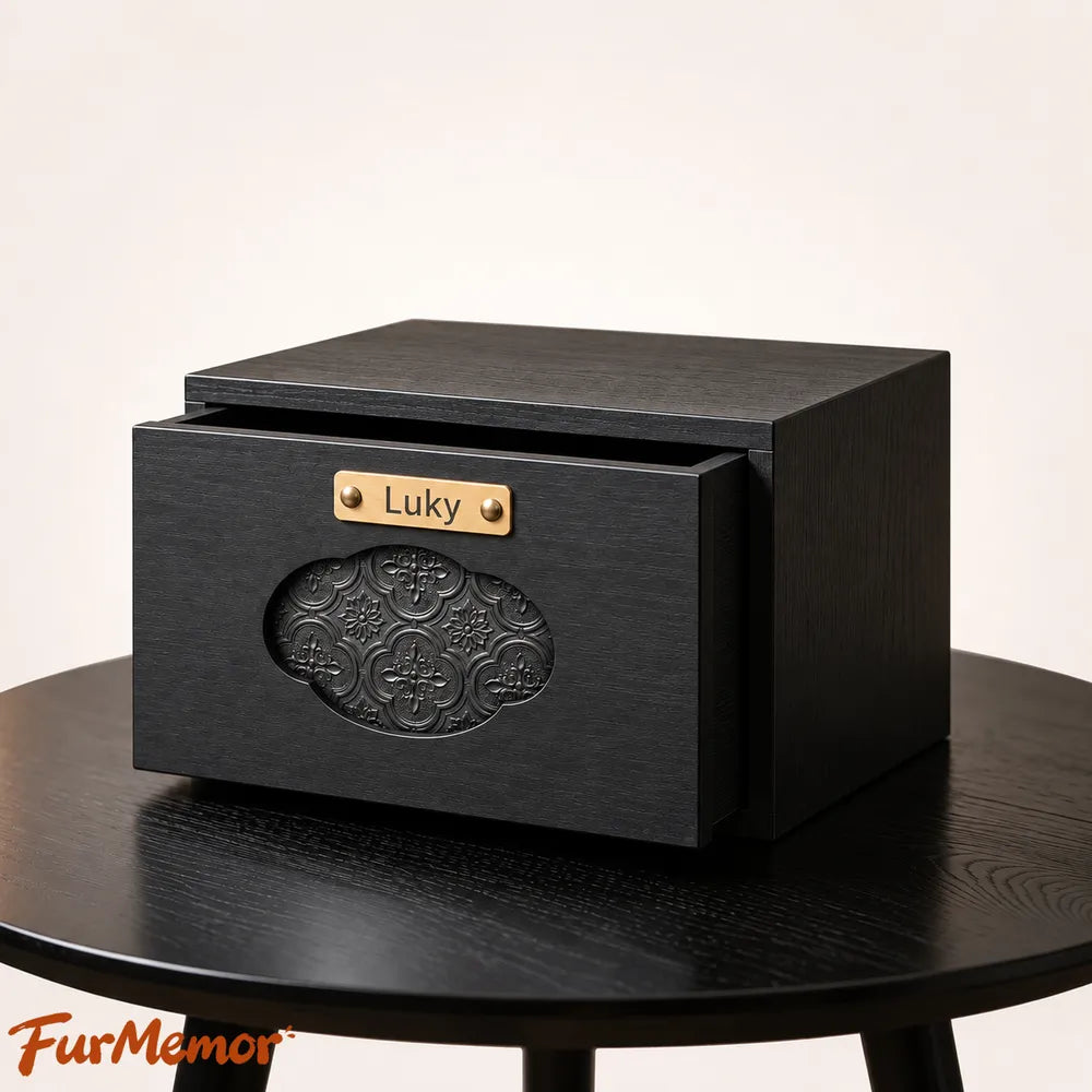 Wooden pet urn with open storage compartment for dog ashes